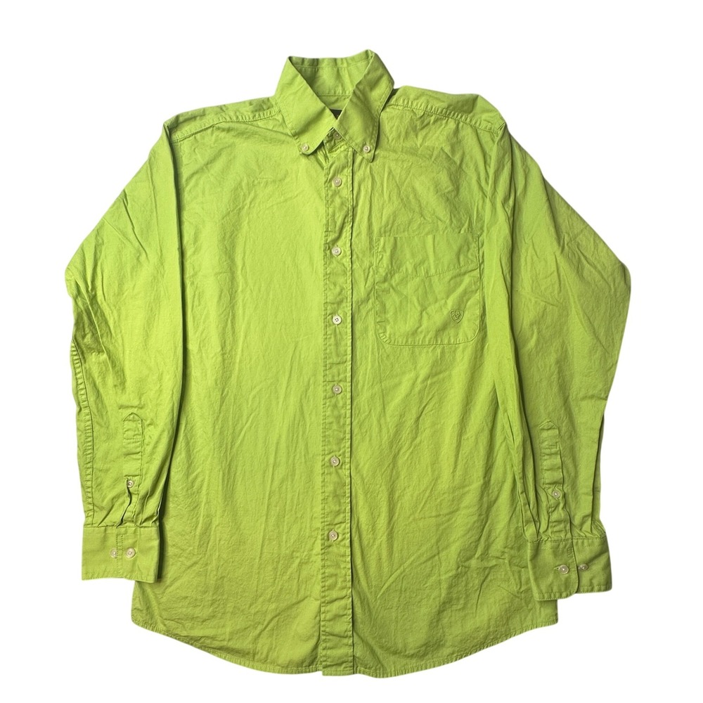 Ariat Shirt Mens S Green Button Down Long Sleeve Cotton Solid Logo Casual Pocket